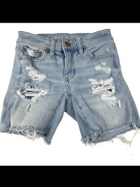 American Eagle Women’s 00 Midi Dream Short Jean Shorts Light Distressed #2141